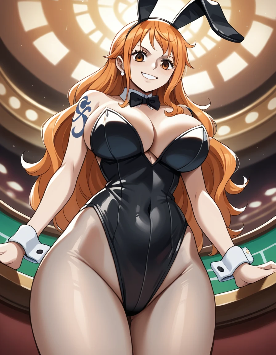 score_9, score_8_up, score_7_up, source_anime, best quality, clear face, 1girl, Nami, orange hair, orange eyes, long hair, large breasts, cleavage, looking at viewer, standing, playboy bunny, black clothes, dynamic angle, smile, casino, low angle