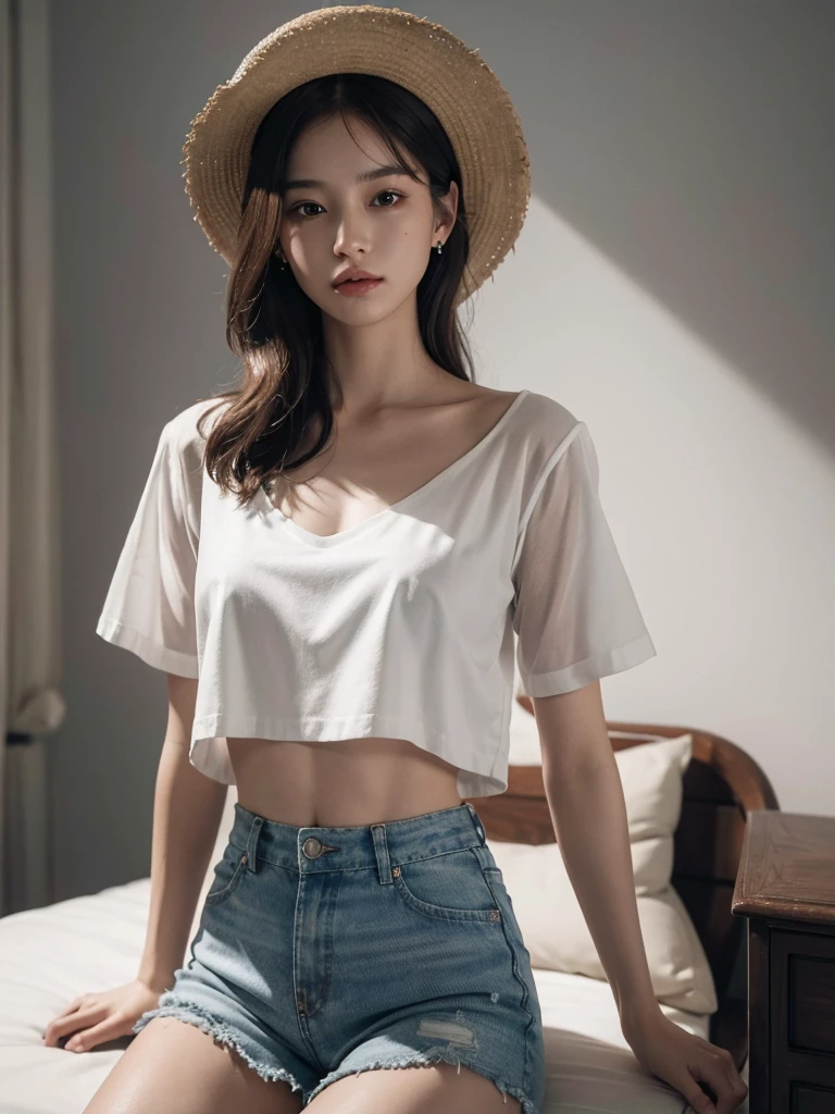 absurdres, RAW photo, extremely delicate and beautiful, masterpiece, Best Quality, ultra high resolution, 32k, hyperrealistic, ultra-detailed, perfect anatomy, super Detailed skin, perfect figure, Super Beauty, Perfect Style, Perfect balance, Beautiful Lighting, Perfect Lightning, Realistic Shadows, 20 years old, very Slim body, narrow waist, very small head, very small face, delicate facial features, handsome detailed woman, very detailed eyes and face, realistic face proportions, Realistic beautiful face, Realistic beautiful eyes, tearful mole, earring, very huge round breasts, legs, medium hair, whole body shot, indoor, casual, blouse, white shirt, bare collarbone, midriff, shorts, straw hat,