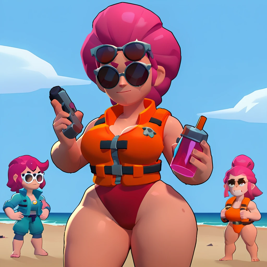a blue-skinned triceratops, female, triceratops animals, Dwarf, wearing a red swimsuit and sunglasses, with a pink and white life jacket, brawl, brawl stars, pink hair, big breasts, thick thighs