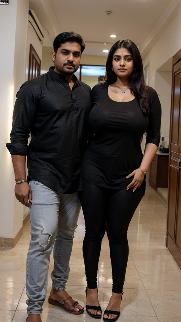 Indian married couple, man and woman, short woman with long hairs, big breasts, big hip, big ass, thick curvy, 30 years indian tall man buzz cut wearing shirt and jeans, woman wearing black kurti and leggings, Couple, detailed