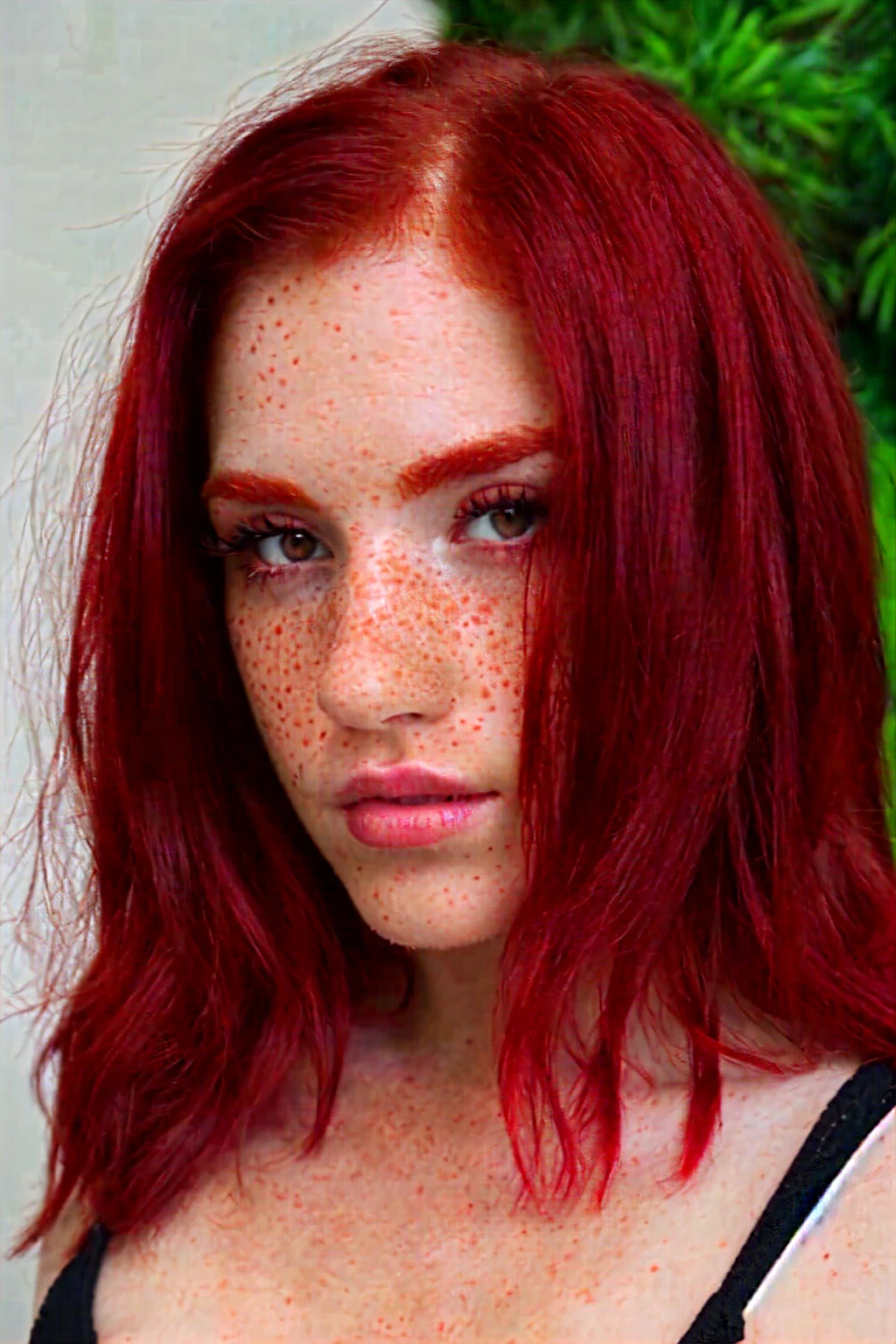 different poses of a woman with red hair and freckled skin; red hair and freckles; red cherry hair; alternative style; crimson hair; red hair and attractive features; red medium hair; cute freckles; dark red hair; brown eyes, siren eyes; black eyeliner; full hd; 8k; high definition; different images;