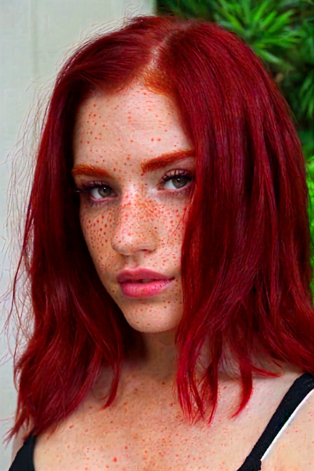 different poses of a woman with red hair and freckled skin; red hair and freckles; red cherry hair; alternative style; crimson hair; red hair and attractive features; red medium hair; cute freckles; dark red hair; brown eyes, siren eyes; black eyeliner; full hd; 8k; high definition; different images;