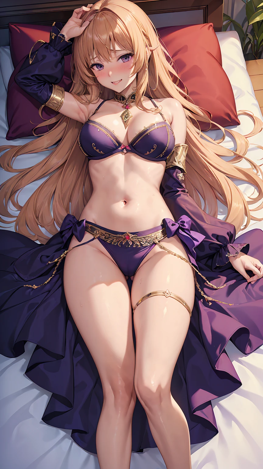 ((Highest quality、High resolution、Highly detailed CG Unity 8K wallpapers))、One Woman, A beautiful woman,Accurate body, Long dark blonde wavy hair、((embellished sexy dress:1.5)), Medium Milk, blush, Embarrassed laugh, Exposing shoulders、(Pose to lean forward and emphasize the chest)、((Sexy purple and red bra))、((Purple and red see-through panties))、Gorgeous magic wand and book、Hotel swimming pool、night、Sexy pose、Accentuate your butt、((Embarrassed expression))、On all fours