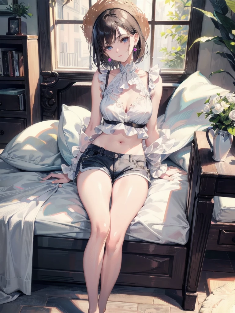 absurdres, RAW photo, extremely delicate and beautiful, masterpiece, Best Quality, ultra high resolution, 32k, hyperrealistic, ultra-detailed, perfect anatomy, super Detailed skin, perfect figure, Super Beauty, Perfect Style, Perfect balance, Beautiful Lighting, Perfect Lightning, Realistic Shadows, 20 years old, very Slim body, narrow waist, very small head, very small face, delicate facial features, handsome detailed woman, very detailed eyes and face, realistic face proportions, Realistic beautiful face, Realistic beautiful eyes, tearful mole, earring, very huge round breasts, legs, medium hair, whole body shot, indoor, casual, blouse, white shirt, bare collarbone, midriff, shorts, straw hat,