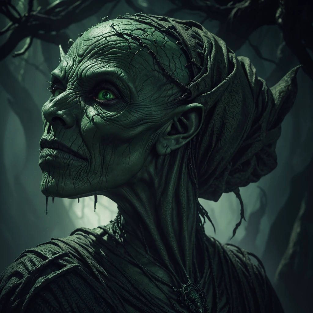 A green, wrinkled, ugly, necrotic alien witch, detailed face, intricate textures, dark fantasy, cinematic lighting, dramatic shadows, mysterious atmosphere, vibrant colors, digital art, concept art, highly detailed, 8k, photorealistic