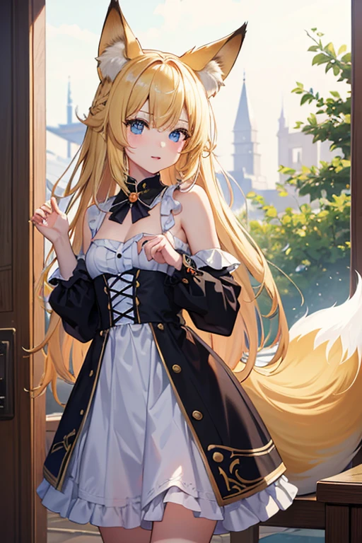 masterpiece, Highest quality, High resolution，Follow the on-screen instructions、Anime Style、Follow the prompts、One Girl、Long blonde、Fox Ears、Fox&#39;s Tail、shrine、Priestess uniform、cute、In front of the torii gate