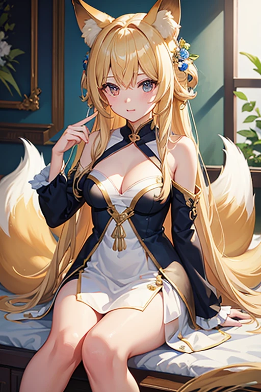 masterpiece, Highest quality, High resolution，Follow the on-screen instructions、Anime Style、Follow the prompts、One Girl、Long blonde、Fox Ears、Fox&#39;s Tail、shrine、Priestess uniform、cute、In front of the torii gate