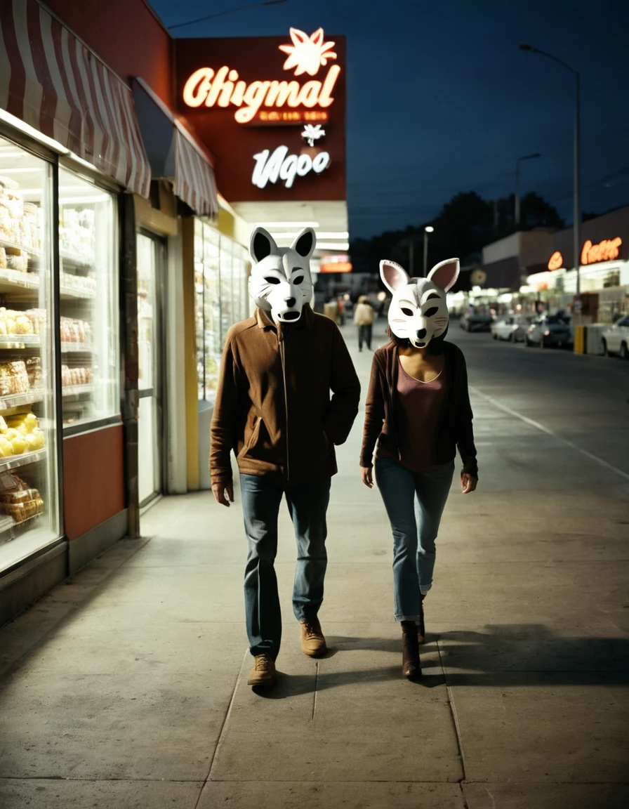 Man and woman, wearing animal masks walk on a pavement past a grocery shop, wrong framing, black and white, street with evening lights, people streaming by in the background, 35mm, taken with Holga 120N, vignetting,, scratches, light leaks.