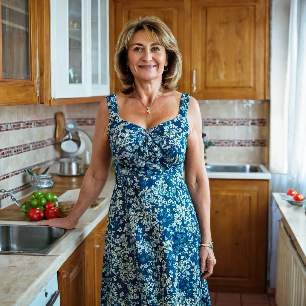 Beautiful woman 50 years old, with firm breasts, from Croatia stands in a dress in the kitchen, full length, she is happy