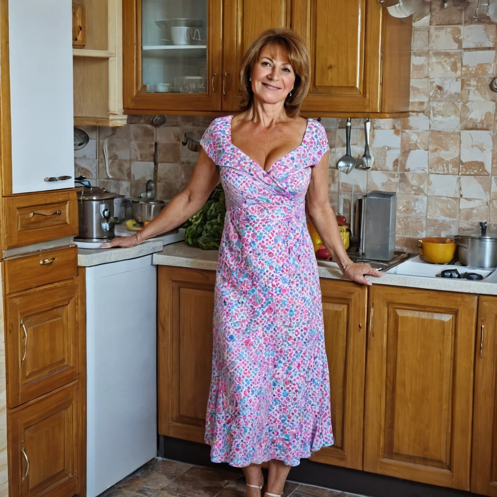 Beautiful woman 50 years old, with firm breasts, from Croatia stands in a dress in the kitchen, full length, she is happy