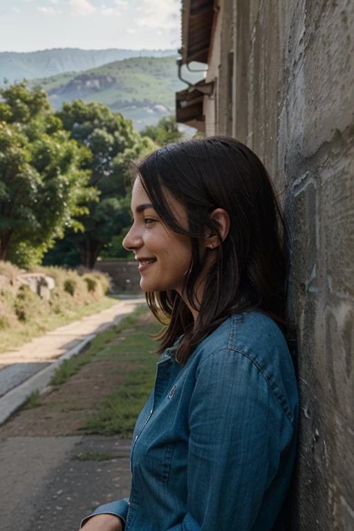 woman leaning against the wall smiling in profile in a landscape a little far away, epic realism