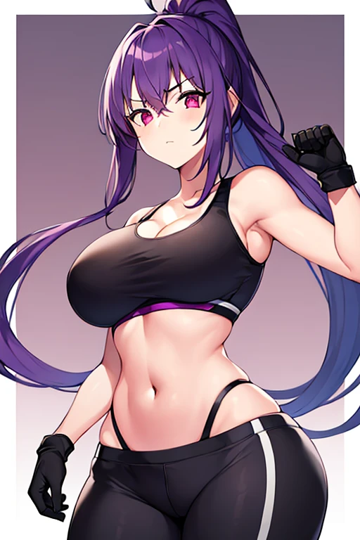 1girl, purple hair, ponytail, breasts, large breasts, wide hips, sportswear, sports bra, black pants, gloves, red eyes, serious, glowing eyes, black sports bra, black pants
