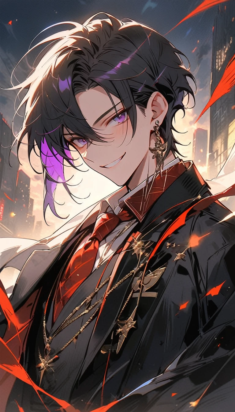 good looking, alone, 1 male, short hair, Smile Facial,1. Boy with black and purple hair, Moderate height, Slim body, Long coat, Black lining,good looking, short hair, Black Hair, Rainbow Hair, Purple eyes, 先端がスモーキーグレーのBlack Hair, smoking, Black light,smile、, Bright, sharp eyes illuminate the scene,uniform,Fewer accessories,whole body,Background white,(masterpiece, Highest quality), Yishang_edge, Default_Costume, One boy, alone, Red tie, Black jacket, Black vest, Jacket on shoulders, White shirt, Collared shirt, Black trousers, View your viewers, city, night, knife,紫色に光るknife身,View your viewers, city, night, From below,Lots of cool accessories