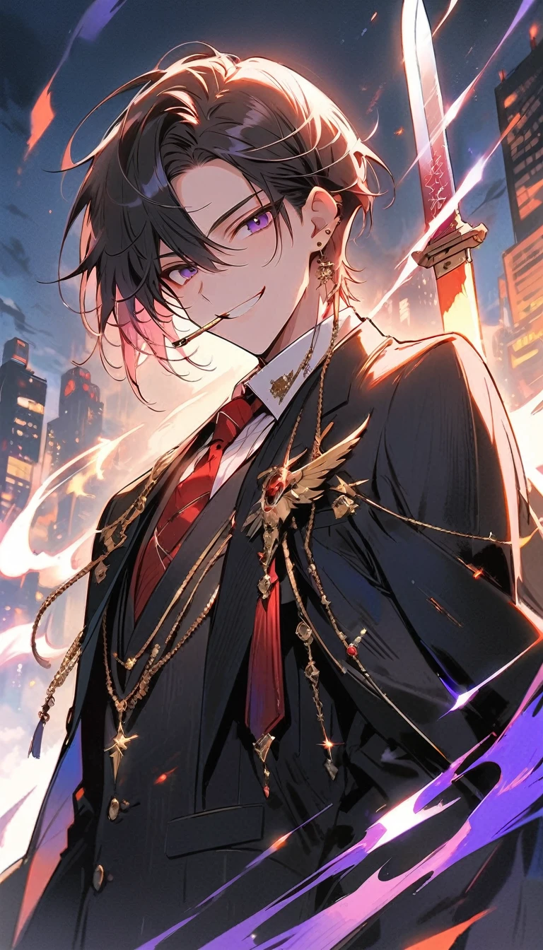 good looking, alone, 1 male, short hair,  Smile Facial,1. Boy with black and purple hair,  Moderate height, Slim body, Long coat, Black lining,good looking, short hair, Black Hair, Rainbow Hair, Purple eyes, 先端がスモーキーグレーのBlack Hair,  smoking, Black light,smile、, Bright, sharp eyes illuminate the scene,uniform,Fewer accessories,whole body,Background white,(masterpiece, Highest quality), Yishang_edge, Default_Costume, One boy, alone, Red tie, Black jacket, Black vest, Jacket on shoulders, White shirt, Collared shirt, Black trousers, View your viewers, city, night, knife,紫色に光るknife身,View your viewers, city, night, From below,Lots of cool accessories