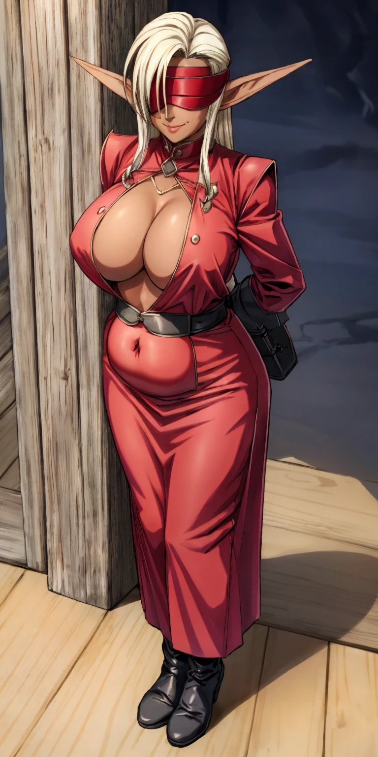 Character: Dark elf skin, extremely huge breasts, maternal
((standing by wooden pole:1.2)) looking from above happy closed mouth ((Dark elf skin)) looks at the viewer smiling, extremely huge breasts, maternal, chest cover with clothes, Blindfolded: NO EYES