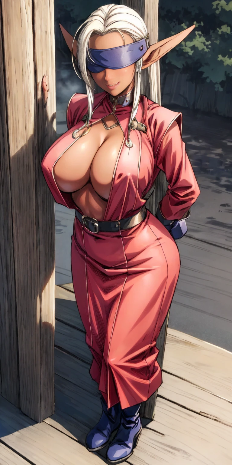 Character: Dark elf skin, extremely huge breasts, maternal
((standing by wooden pole:1.2)) looking from above happy closed mouth ((Dark elf skin)) looks at the viewer smiling, extremely huge breasts, maternal, chest cover with clothes, Blindfolded: NO EYES