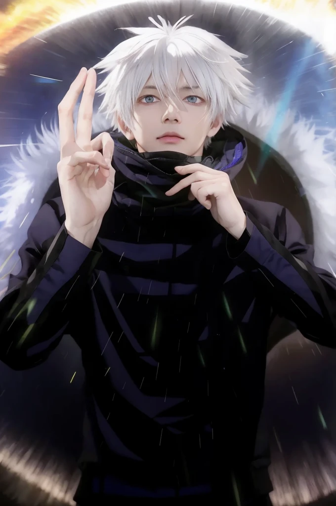 anime guy with white hair and blue eyes making a peace sign, nagito komaeda, with index finger, killua zoldyck, killua zoldyck black hair, kaneki ken, a silver haired mad, he is casting a lighting spell, white haired deity, ken kaneki, kaworu nagisa, killua zoldyck portrait