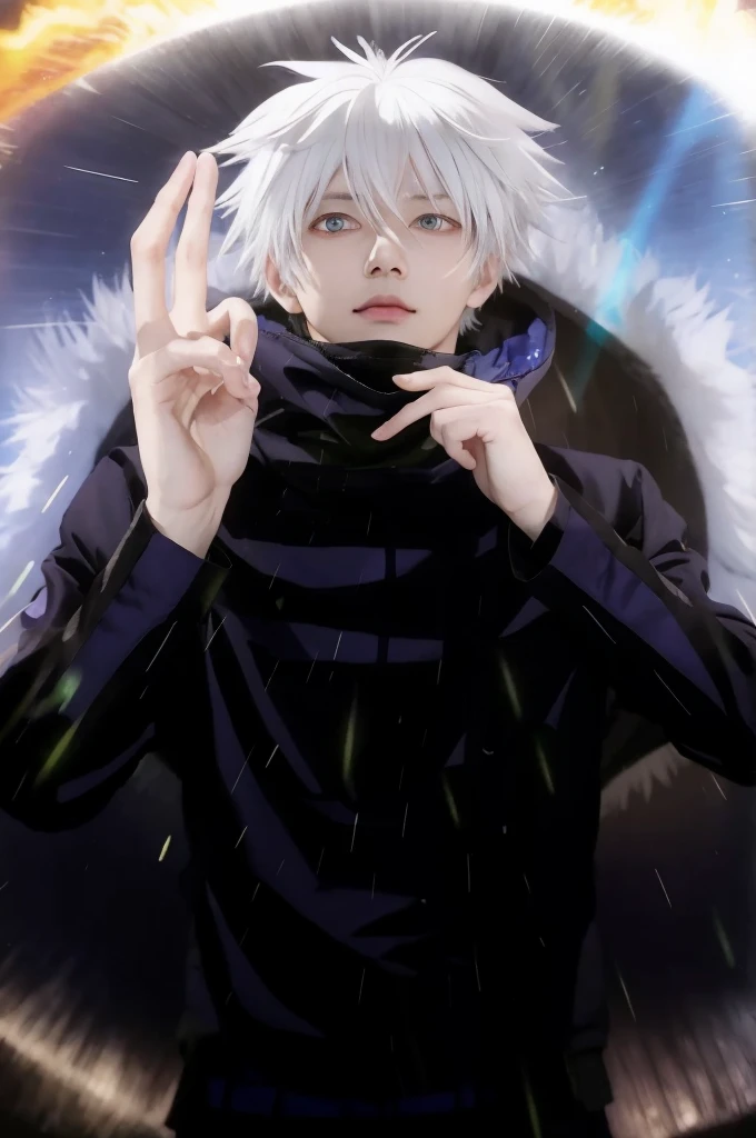anime guy with white hair and blue eyes making a peace sign, nagito komaeda, with index finger, killua zoldyck, killua zoldyck black hair, kaneki ken, a silver haired mad, he is casting a lighting spell, white haired deity, ken kaneki, kaworu nagisa, killua zoldyck portrait