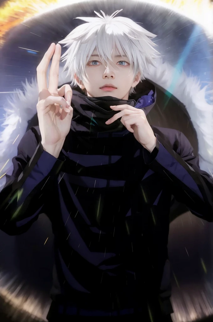 anime guy with white hair and blue eyes making a peace sign, nagito komaeda, with index finger, killua zoldyck, killua zoldyck black hair, kaneki ken, a silver haired mad, he is casting a lighting spell, white haired deity, ken kaneki, kaworu nagisa, killua zoldyck portrait
