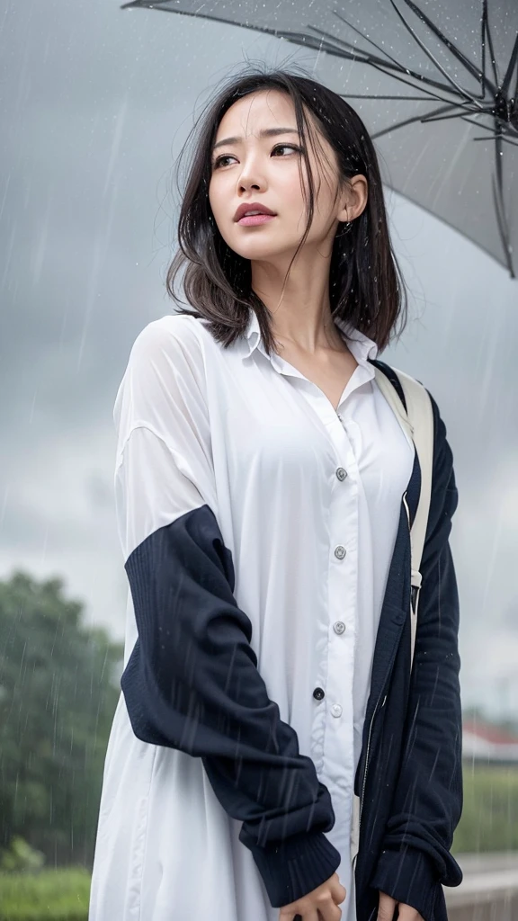 Woman in her 40s Beautiful The sky is sunny and cloudy
Sad expression
Image of rain falling on a woman's heart