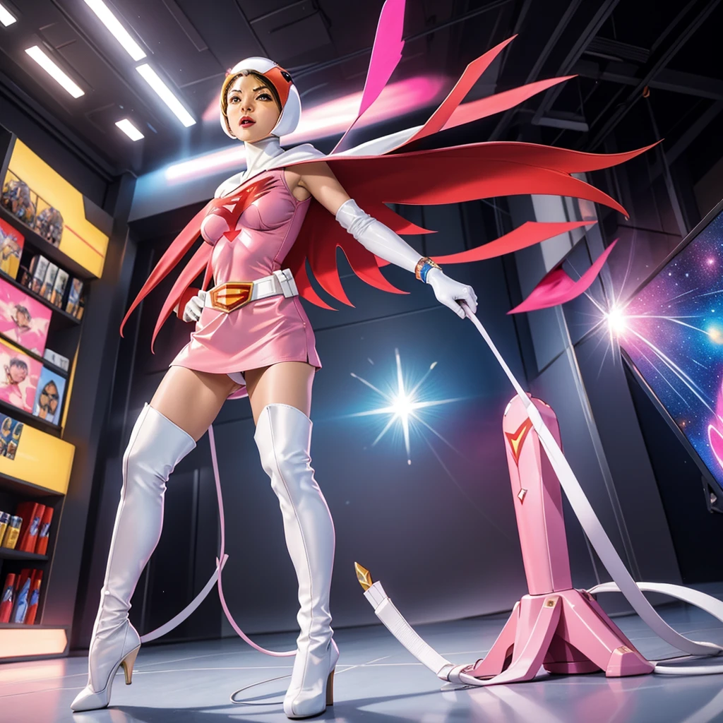 ANI_CLASSIC_jun_gatchaman_ownwaifu,1girl, 15yo,good anatomy, masterpiece, best quality, realistic, hyper realistic, 16k hdr, breasts, large breasts, lipstick, makeup, gloves, cape, helmet, belt, elbow gloves, white gloves, mask, ultra miniskirt, leotard, spacesuit, white tight overknee highheel boots, pink dress, superhero, bodysuit, cleavage, erected nipples,(sexy pose, from below:1.2),(spread legs:1.1),cameltoe