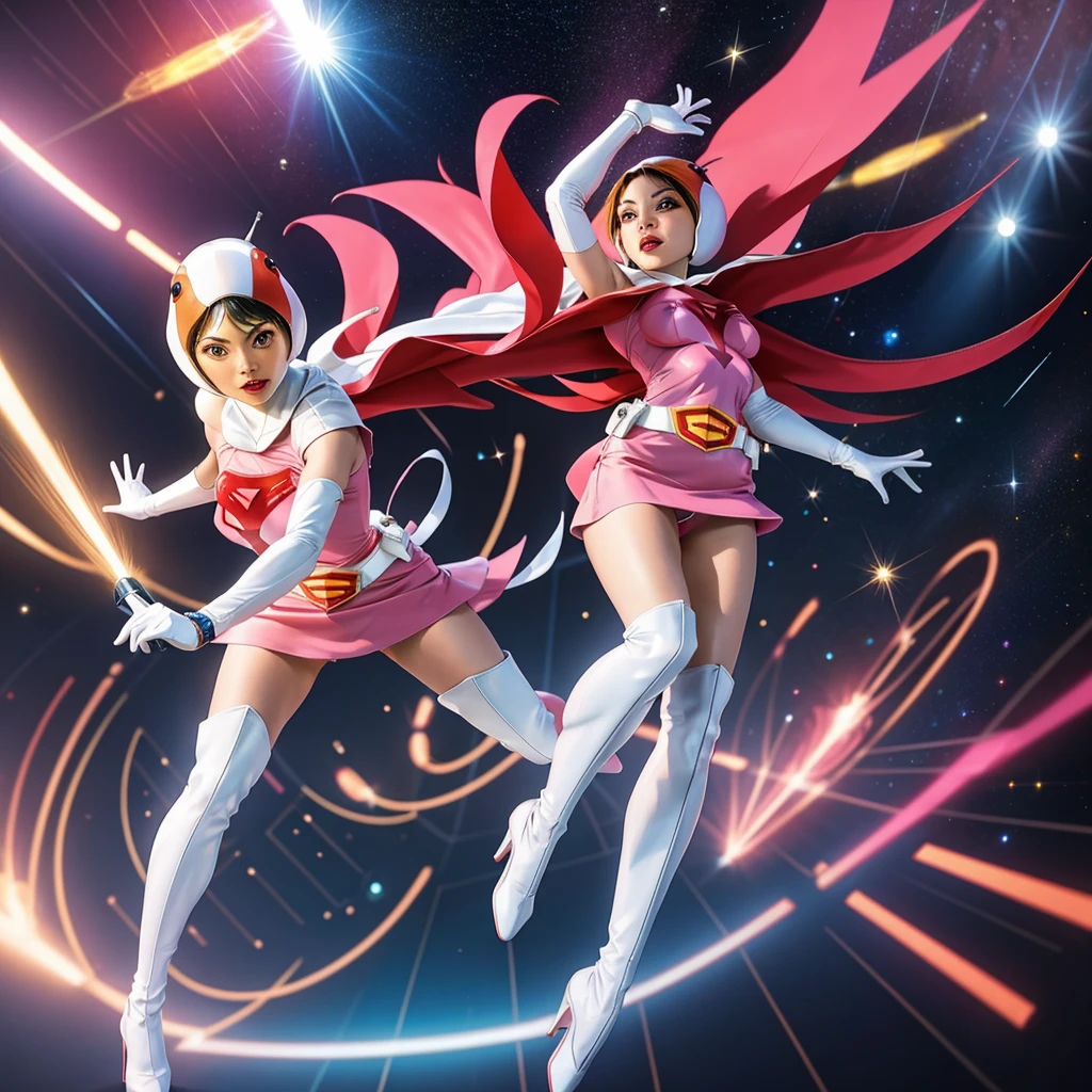 ANI_CLASSIC_jun_gatchaman_ownwaifu,1girl, 15yo,good anatomy, masterpiece, best quality, realistic, hyper realistic, 16k hdr, breasts, large breasts, lipstick, makeup, gloves, cape, helmet, belt, elbow gloves, white gloves, mask, ultra miniskirt, leotard, spacesuit, white tight overknee highheel boots, pink dress, superhero, bodysuit, cleavage, erected nipples,(sexy pose, from below:1.2),(spread legs:1.1),cameltoe