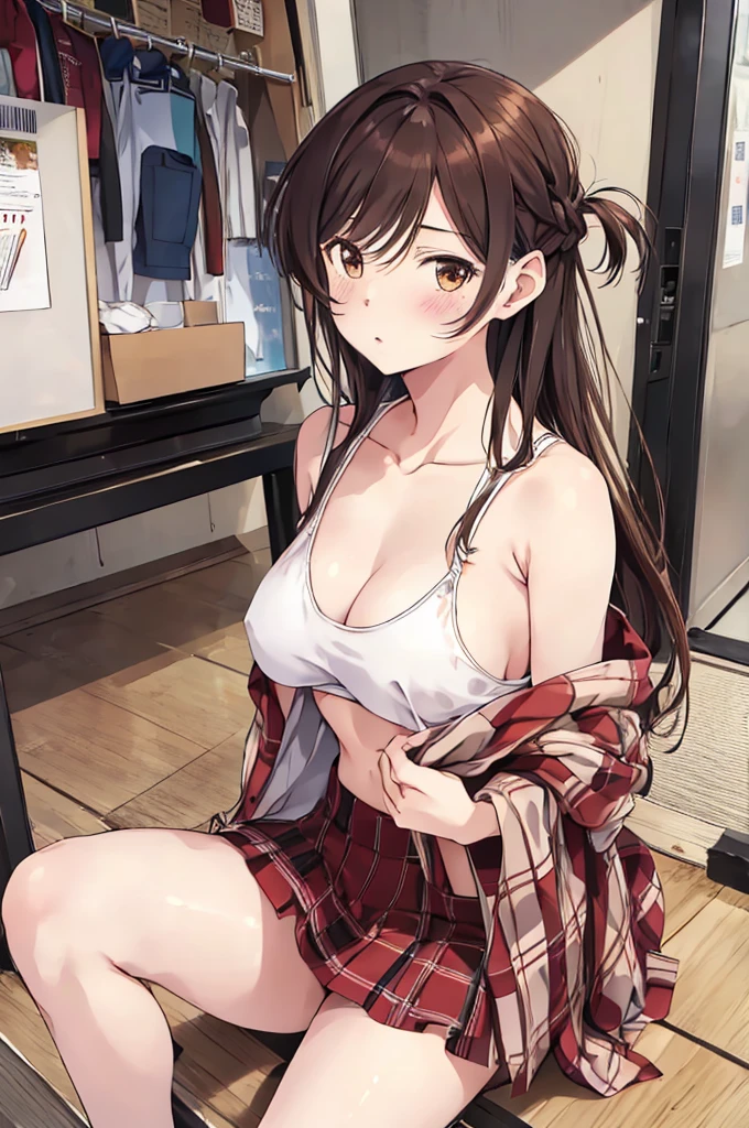 1 girl, alone, Chizuru Mizuhara, masterpiece, Highest quality, 8k wallpaper, Fine and beautiful eyes, 1 girl, Long Hair, chest, Looking at the audience, blush, Brown Hair, Brown eyes, large chest, Medium Hips, Baggy thighs,