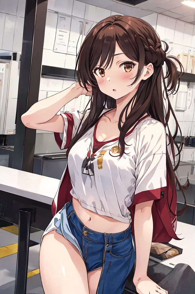 1womanl,Brown hair, beautiful breasts,(((Sexy white and red shiny short sleeve gym clothes and short cheeks、Smile with open mouth)),(((Kuroko Shirai))),((( portlate))),Crowds,Shiny white short-sleeved gym uniform and blue shorts,Wet with sweat,((athletic field)),((see -through)),outside of house,(((Shiny clothing)))