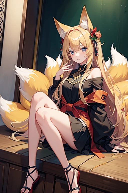 masterpiece, Highest quality, High resolution，Follow the on-screen instructions、Anime Style、Follow the prompts、One Girl、Long blonde、Fox Ears、Fox&#39;s Tail、shrine、Priestess uniform、cute、In front of the torii gate