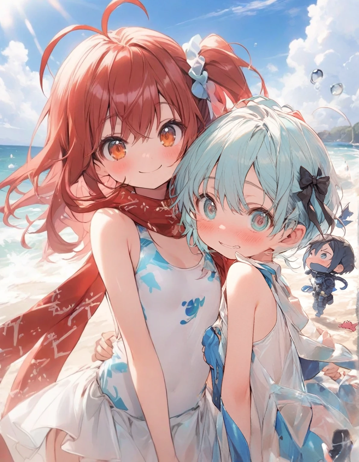 ,(flat chest:1.5),man,,,,、Short hair, (spiked hair:1.1), asymmetrical bangs, low twintails,Aqua Blue Hair, Two-tone hair, A delicate and delicate face, blush, tusk,, ,aqua eyes, Black_bow ribbon, 、Hanging eyes,From Adobe,,(blue diver's suit:1.3),blush,(femme boy:1.1),from side,