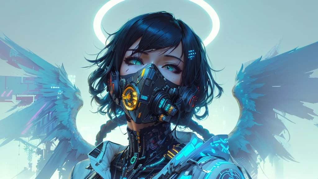 there is a woman，Face with mask and wings, digital Cyberpunk anime art, guweiz style artwork, Badass Anime 8K, cyberpunk jesus, Anime Cyberpunk Art, Digital Cyberpunk - Animation Art, cyberpunk art style, guweiz on artstation pixiv, 8K high-quality detailed art, Cyberpunk anime art