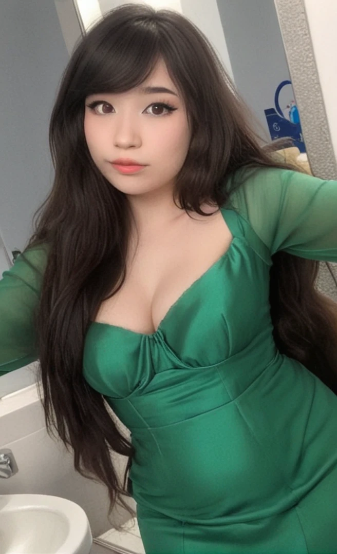 woman taking selfie in green dress in bathroom mirror, she has a jiggly fat round belly, her belly is fat and round, thicc, she is about 1 6 , thick body, in a dress, she is about 2 0 years old, she is about 20 years old, beautiful thick female, full body green dress