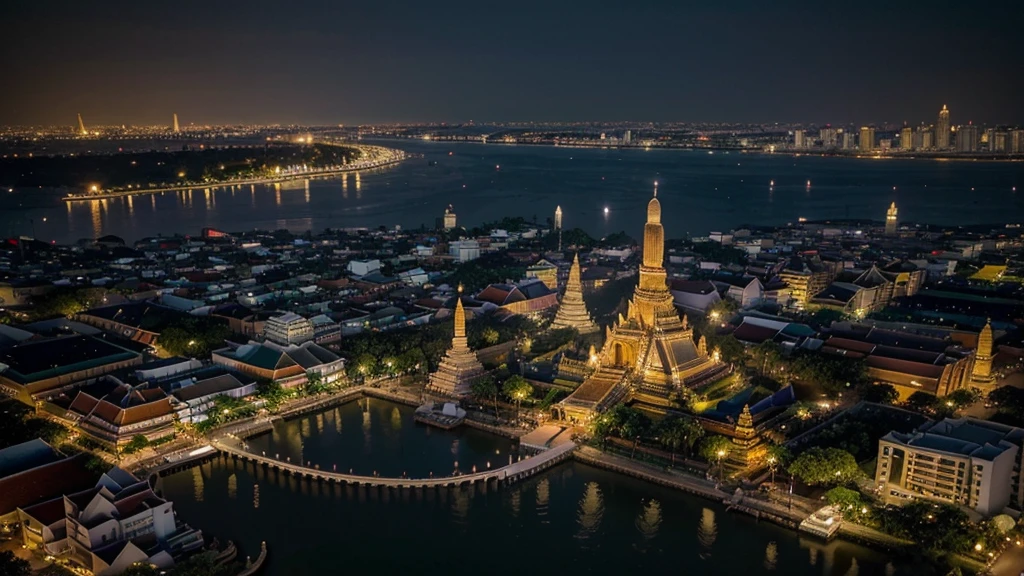 Stunning, high-resolution aerial photography at night. Take photos of the beautiful Wat Arun Ratchawararam Ratchaworawihan in Bangkok, Thailand, illuminated by countless golden lights. The temple sits elegantly on an island in the Chao Phraya River. Reflect light in the water A full moon casts a warm glow over the night sky. In the background, the cityscape sparkles with city lights. creating a fascinating contrast between the sacred and the modern. Photos are rich in details. Show the complex architecture of the temple. and the bustling life on the river With cruise ship