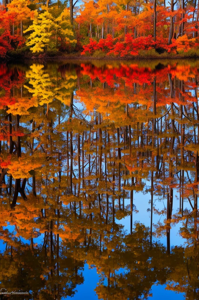 trees in a swamp with red leaves reflected in water, swamps, cypress trees, water reflection!!!!!, louisiana swamps, red reflections, swamp forest, scene from louisiana swamps, incredible reflections, amazing color photograph, image full of reflections, eerie colors, water reflections, water mirrored water, floating trees, full of reflections, bayou, muted fall colors