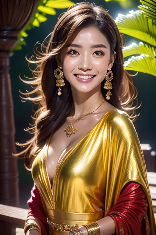 （8K resolution，Photos above the legultiple women，20yr old，（Facial features of Thai Min：1.8，Thin skeletal cheeks，s delicate face），com rosto detalhado，Lovely face，com rosto detalhado，Detailed face，Ultra-fine makeup，Black colored eyes，（looking to the camera），Long dark red hair，（Messy has layers），Redlip，Fair smooth skin，（Best Skin Type：1.21），mediuml breasts，（（Ancient Thai women's clothing，Delicate shawl straps，Luxury ladies' tube dresses），A small number of flower hairpins，Luxury necklaces and bracelets），Tall and tall，perfect hand，Ultra-fine clothing material），（party，banquet，tropical trees，Exquisite environmental details），（exhilarated，confident smile，Rejoice，intimacy），（profesional lighting，Dynamic Lighting），（（Strong color contrast，Noble and sexy，elegant（golden colored，red colour，In pink））），（Golden section，Dynamic shots，Hasselblad photograp，tmasterpiece：1.3），（Noble temperament，mistic，Fashionab，trendsetting，Artis，Art platform）