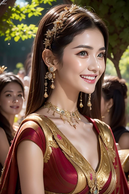 （8K resolution，Photos above the legultiple women，20yr old，（Facial features of Thai Min：1.8，Thin skeletal cheeks，s delicate face），com rosto detalhado，Lovely face，com rosto detalhado，Detailed face，Ultra-fine makeup，Black colored eyes，（looking to the camera），Long dark red hair，（Messy has layers），Redlip，Fair smooth skin，（Best Skin Type：1.21），mediuml breasts，（（Ancient Thai women's clothing，Delicate shawl straps，Luxury ladies' tube dresses），A small number of flower hairpins，Luxury necklaces and bracelets），Tall and tall，perfect hand，Ultra-fine clothing material），（party，banquet，tropical trees，Exquisite environmental details），（exhilarated，confident smile，Rejoice，intimacy），（profesional lighting，Dynamic Lighting），（（Strong color contrast，Noble and sexy，elegant（golden colored，red colour，In pink））），（Golden section，Dynamic shots，Hasselblad photograp，tmasterpiece：1.3），（Noble temperament，mistic，Fashionab，trendsetting，Artis，Art platform）