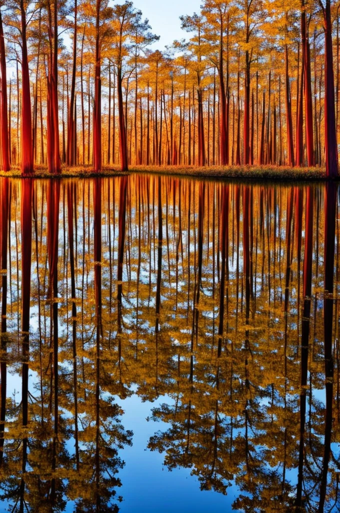 trees in a swamp with red leaves reflected in water, swamps, cypress trees, water reflection!!!!!, louisiana swamps, red reflections, swamp forest, scene from louisiana swamps, incredible reflections, amazing color photograph, image full of reflections, eerie colors, water reflections, water mirrored water, floating trees, full of reflections, bayou, muted fall colors