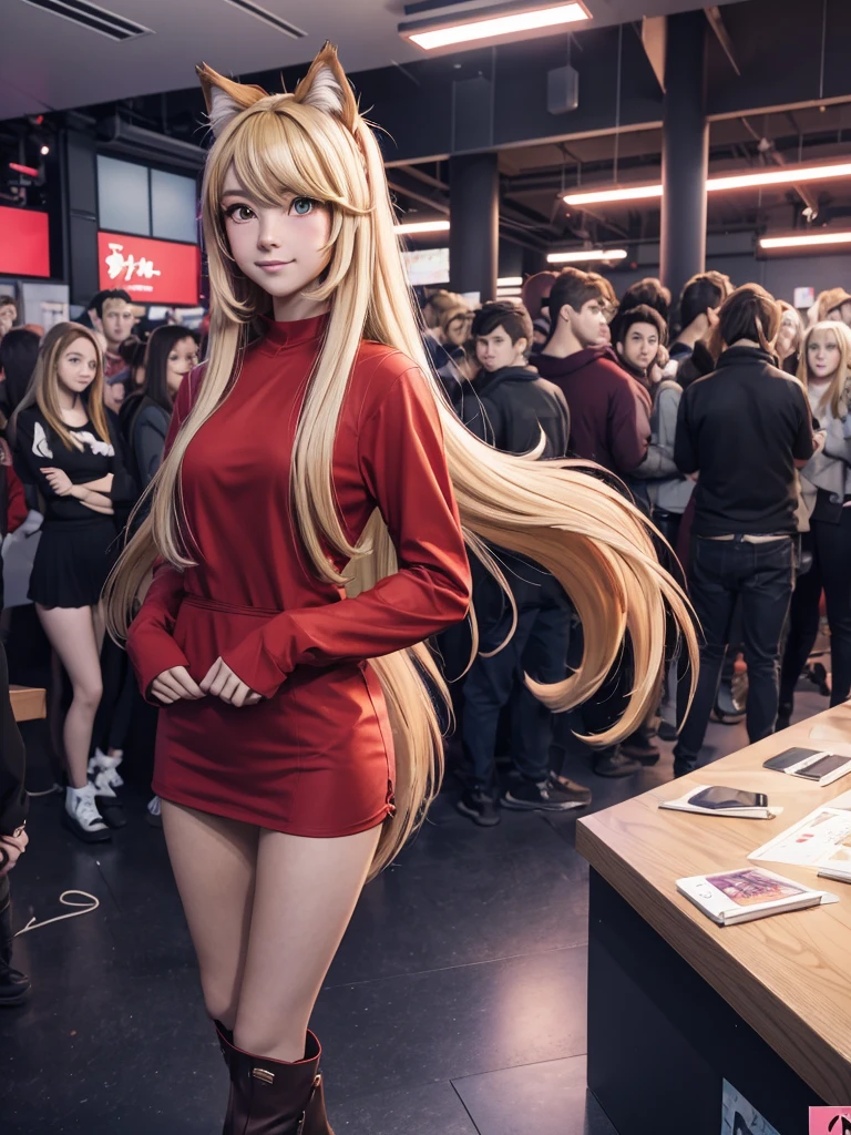 a woman in a red shirt and boots standing in front of a crowd, beautiful anime catgirl, anime girl with long hair, anime girl, an anime girl, (anime girl), cute anime catgirl, anime catgirl, beautiful anime girl, holo if a wolf girl, holo is a wolf girl, cute anime girl, blonde anime girl with long hair