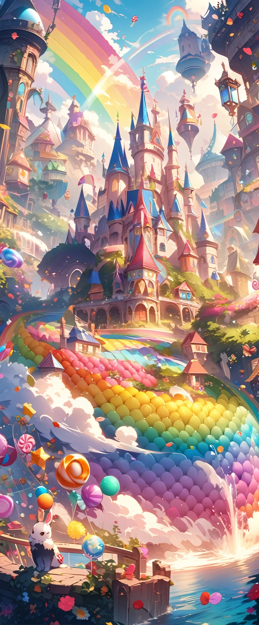 ((work of art, highest quallity, A highest quallity de imagem, high resolution)), ((Extremely detailed 8k unified CG wallpaper)), candy land, Candy Kingdom, candy castle, A fairytale world, filled with candy houses and a rainbow of juice fountains, colorfully, pop, fancy, Dreamers, ssmile,