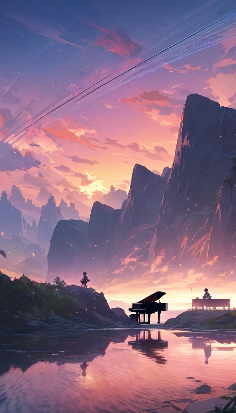 A serene sunset over a tranquil lake, piano and strings weaving a melancholic melody, a dreamlike landscape reflected in the still waters, soft colors and hazy outlines conveying a sense of calm Powerful rock sound with a heavy bassline and driving percussion, a solitary figure standing atop rugged cliffs, dark tones and sharp angles evoking an overwhelming intensity Upbeat rhythm and catchy melody of a lively dance track, young people moving through a vibrant city scene, vivid colors and avant-garde composition capturing a joyful, energetic atmosphere