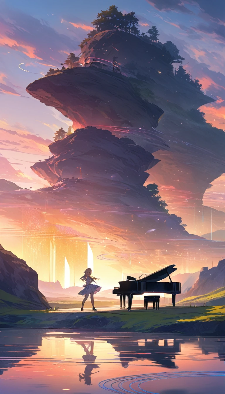 A serene sunset over a tranquil lake, piano and strings weaving a melancholic melody, a dreamlike landscape reflected in the still waters, soft colors and hazy outlines conveying a sense of calm Powerful rock sound with a heavy bassline and driving percussion, a solitary figure standing atop rugged cliffs, dark tones and sharp angles evoking an overwhelming intensity Upbeat rhythm and catchy melody of a lively dance track, young people moving through a vibrant city scene, vivid colors and avant-garde composition capturing a joyful, energetic atmosphere