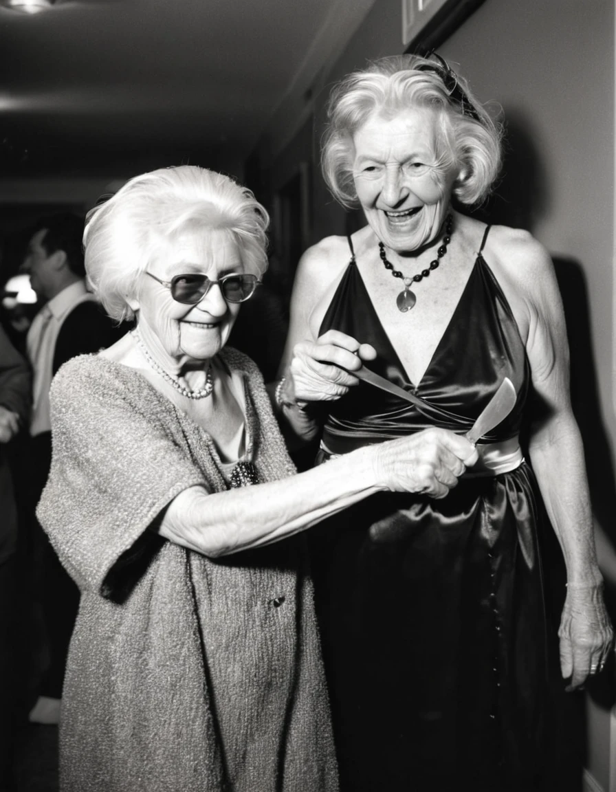 taken with a Holga 120n black and white film Ilford hp5, film grain, Blurred image, light leaks, vignetting, Wrong framing of the photo, direct flash, Drunk seniors at a costume party. Two grannies in the foreground go at each other with knives.