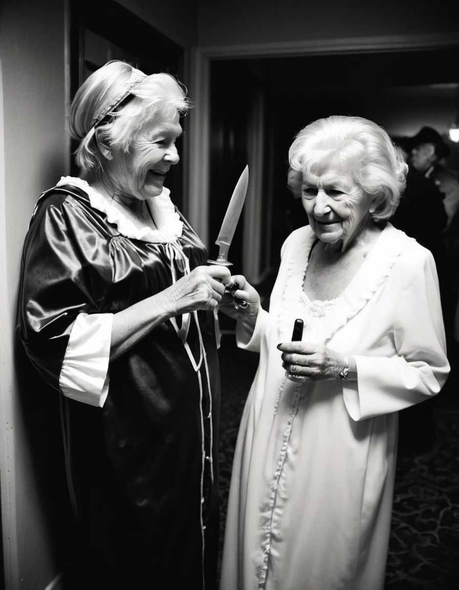 taken with a Holga 120n black and white film Ilford hp5, film grain, Blurred image, light leaks, vignetting, Wrong framing of the photo, direct flash, Drunk seniors at a costume party. Two grannies in the foreground go at each other with knives.