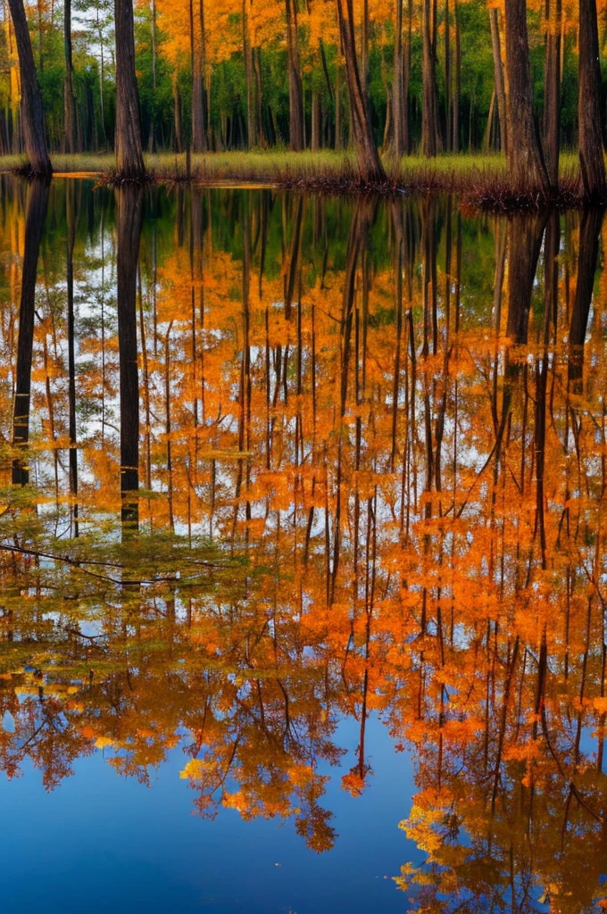 trees in a swamp with red leaves reflected in water, swamps, cypress trees, water reflection!!!!!, louisiana swamps, red reflections, swamp forest, scene from louisiana swamps, incredible reflections, amazing color photograph, image full of reflections, eerie colors, water reflections, water mirrored water, floating trees, full of reflections, bayou, muted fall colors