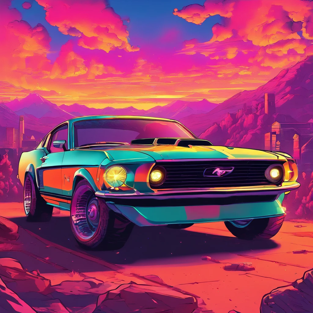 &#39;69 Ford Mustang vehicle with cyberpunk style in a mountain environment with buluminous clouds and beautiful glow of the sunset sun.