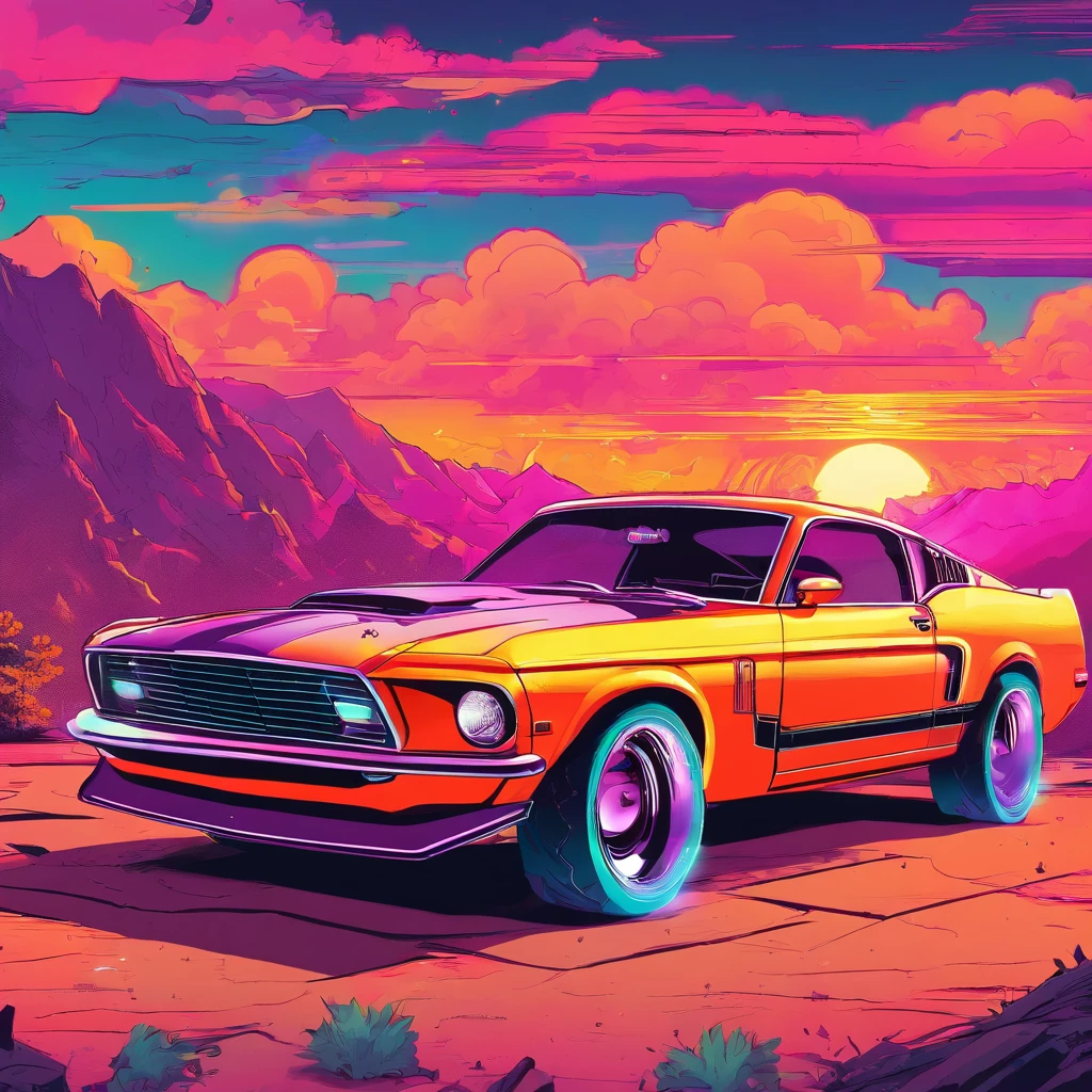 &#39;69 Ford Mustang vehicle with cyberpunk style in a mountain environment with buluminous clouds and beautiful glow of the sunset sun.