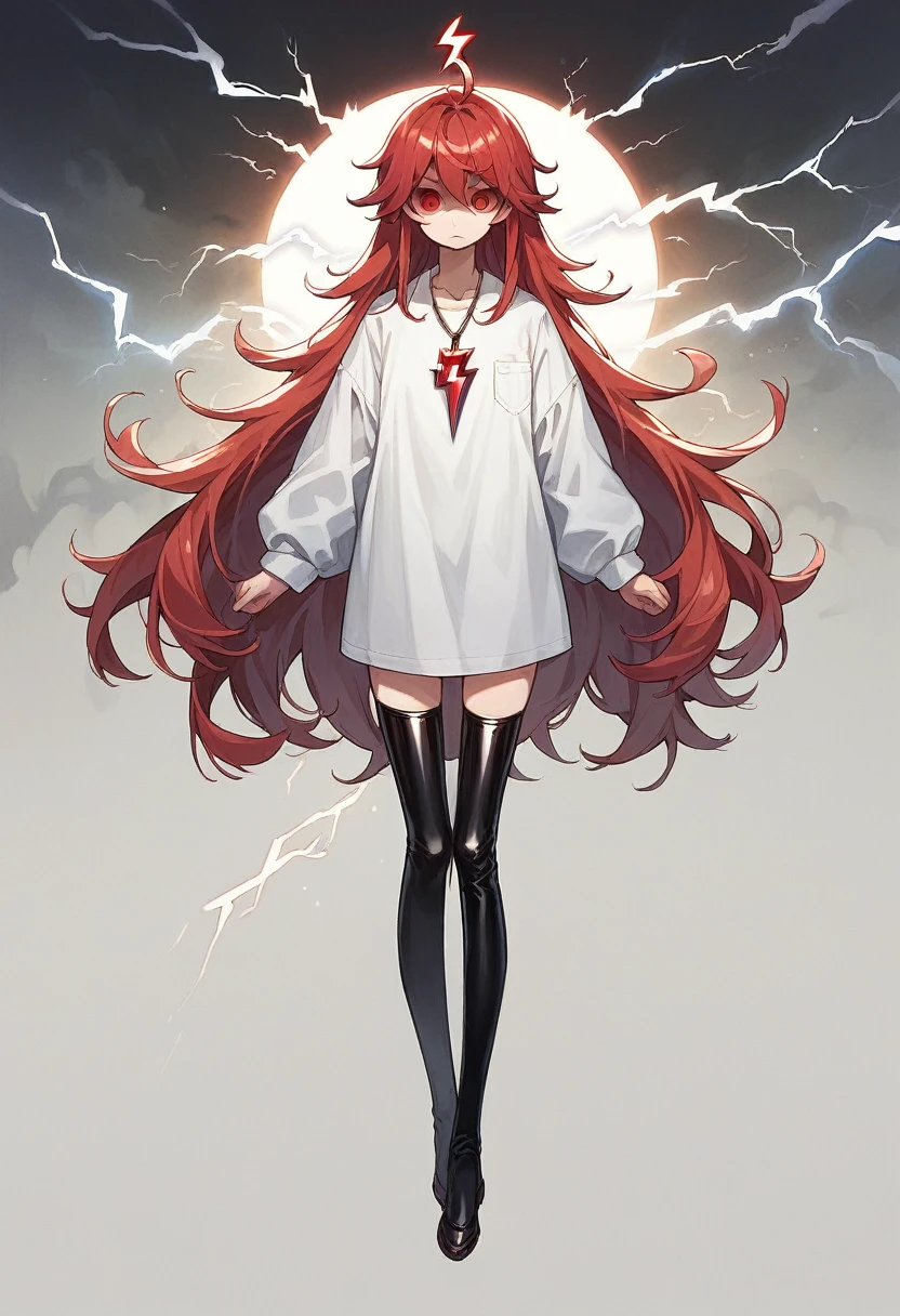 2d, masterpiece, best quality, Anime-Series, very detailed face, very detailed eyes, very detailed background, perfect lightning, 1 girl, alone, Full body, Stand, Latex legwear, White shirt, Red hair, amulet