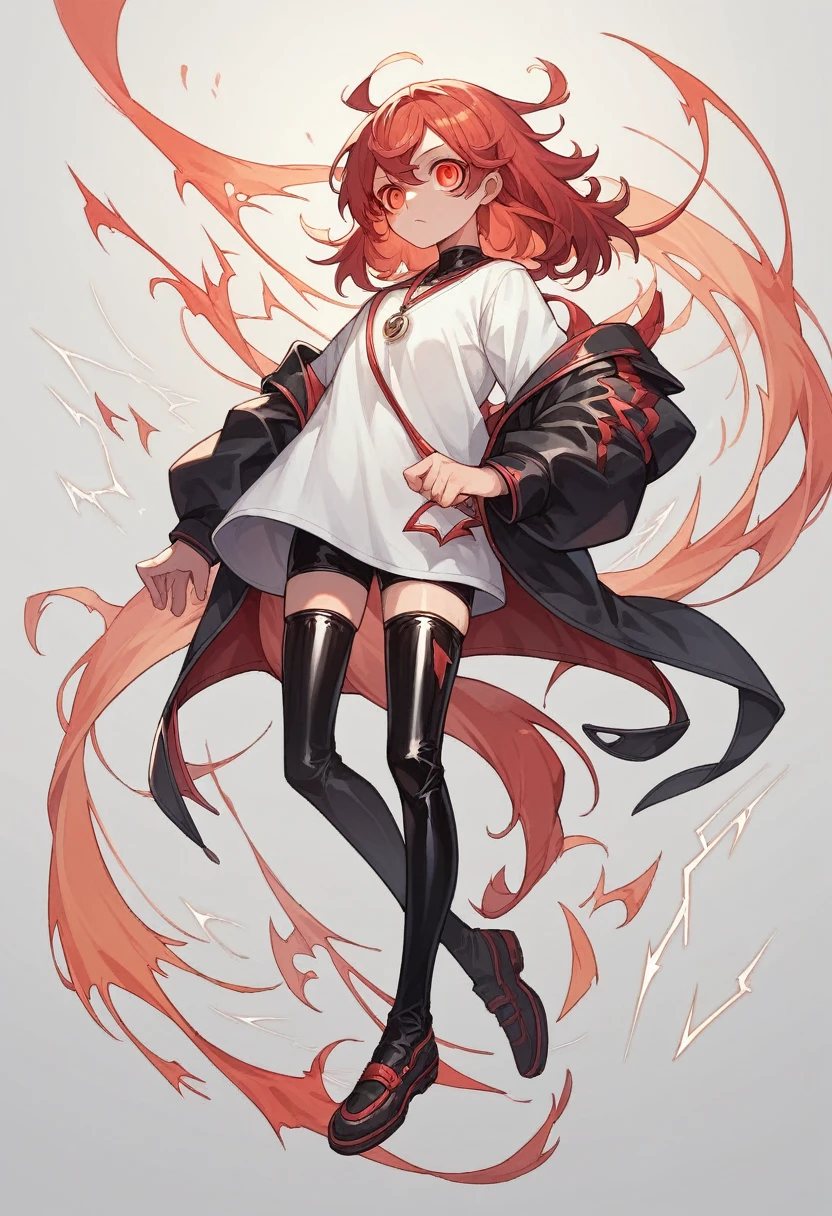 2d, masterpiece, best quality, Anime-Series, very detailed face, very detailed eyes, very detailed background, perfect lightning, 1 girl, alone, Full body, Stand, Latex legwear, White shirt, Red hair, amulet