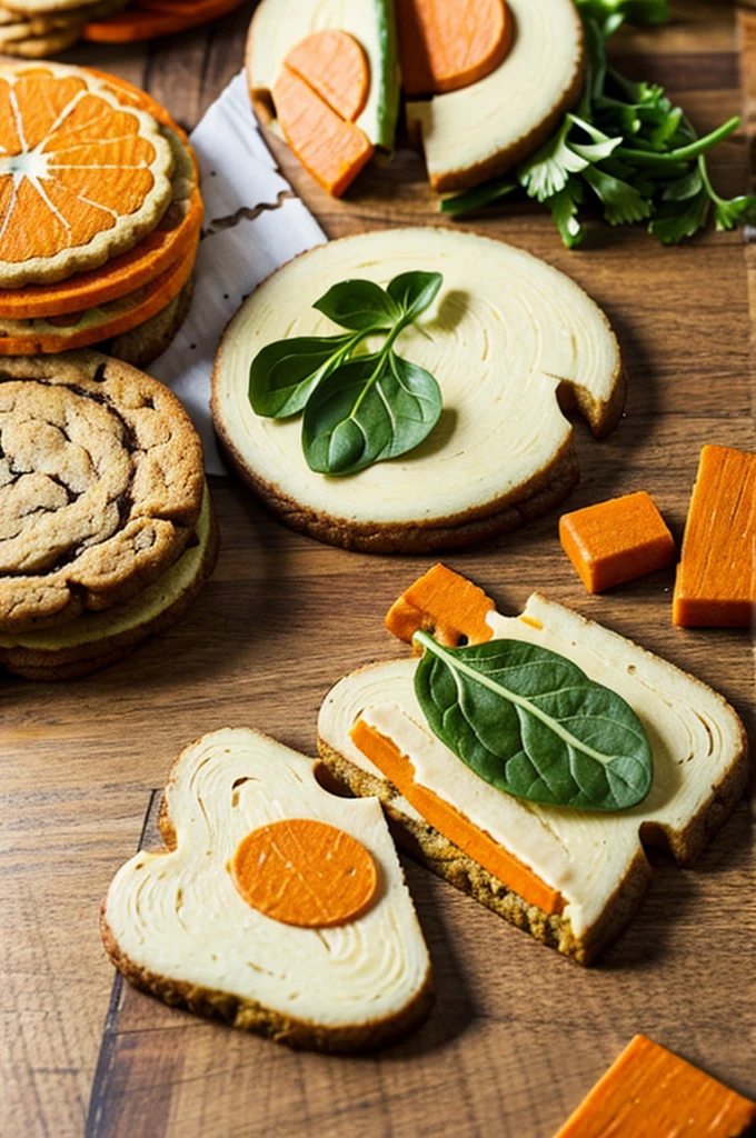 I want a label with a carrot cookie in the shape of a puzzle piece AND its name is VEGGIECRIPS
