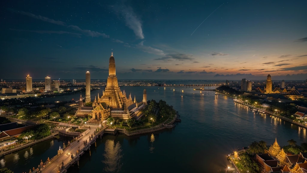 Stunning, high-resolution aerial photography at night. Take photos of the beautiful Wat Arun Ratchawararam Ratchaworawihan in Bangkok, Thailand, illuminated by countless golden lights. The temple sits elegantly on an island in the Chao Phraya River. Reflect light in the water A full moon casts a warm glow over the night sky. In the background, the cityscape sparkles with city lights. creating a fascinating contrast between the sacred and the modern. Photos are rich in details. Show the complex architecture of the temple. and the bustling life on the river With cruise ship